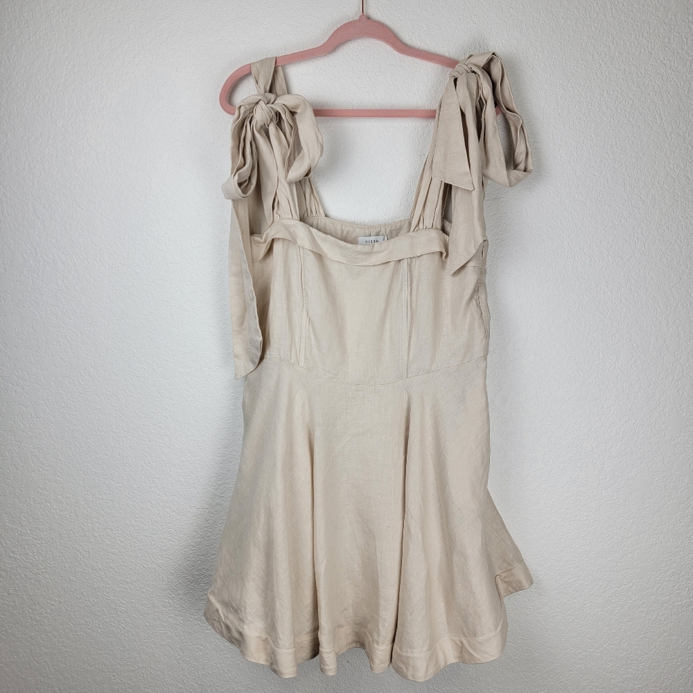 DISSH Aisle Pearl Linen Bow Tie Mini Dress Beige 12 - Picture 6 of 11